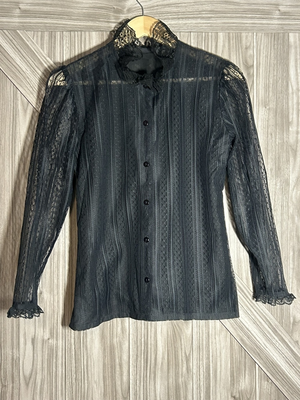 Vintage Black Lace Mock Neck Romantic Goth Victorian Blouse Small